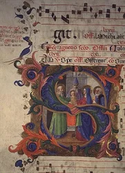 Missale 515 f.28v Historisierte Initiale S, die die Darstellung im Tempel zeigt, 1448-49